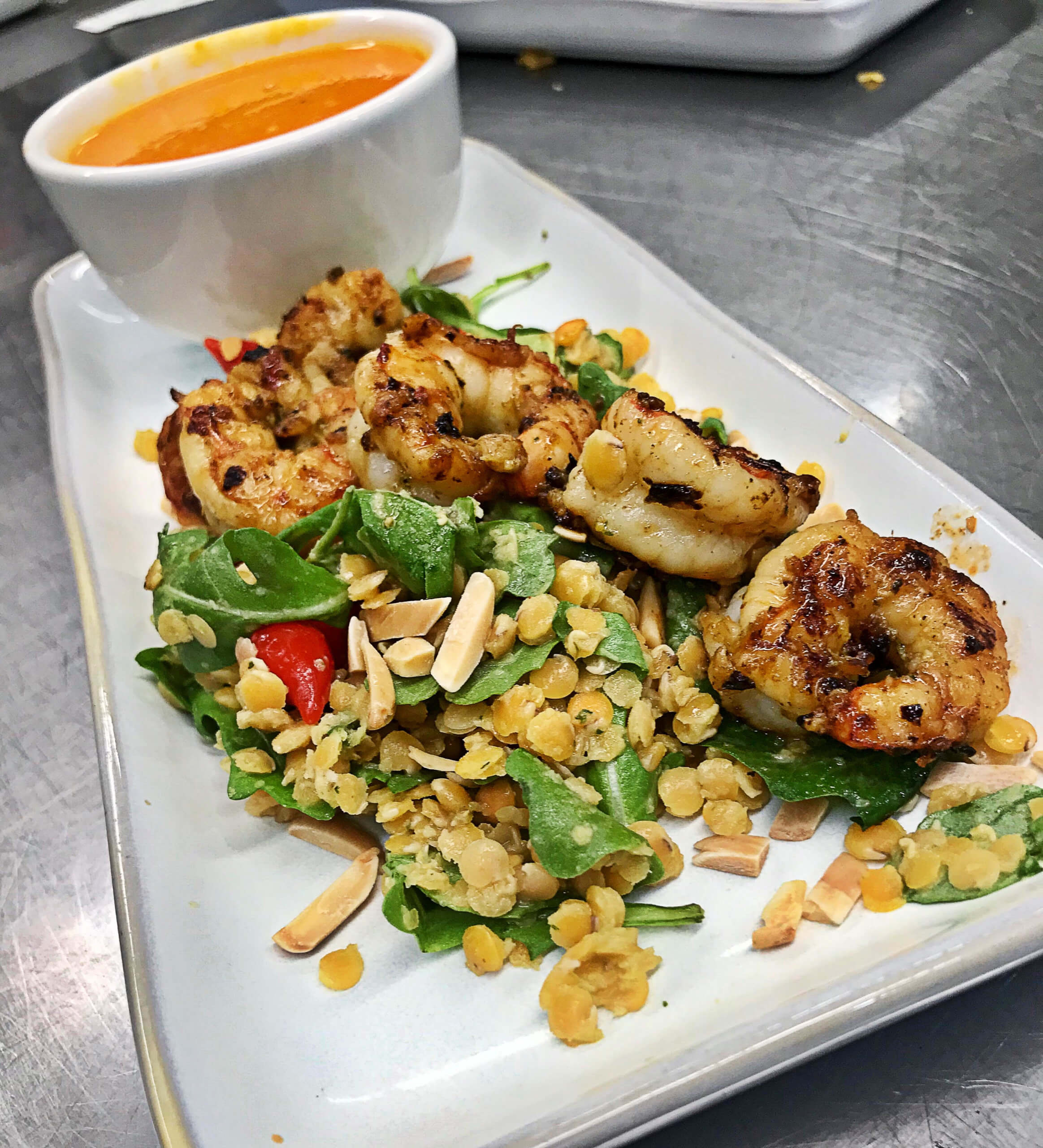 SESAME GRILLED SHRIMP WITH SPINACH AND LENTIL SALAD | Skyterra at Home