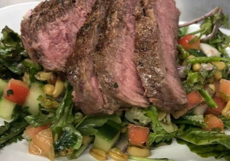 Pan Seared Flat Iron Steak with Mediterranean Salad