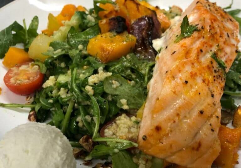 ROASTED VEGETABLE ARUGULA SALAD WITH BAKED SALMON GOAT CHEESE